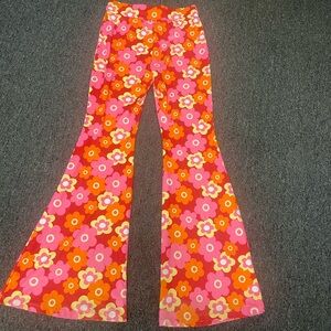 Floral Ladies Medium Bell-Bottom stretch Pants Pink orange retro flower power